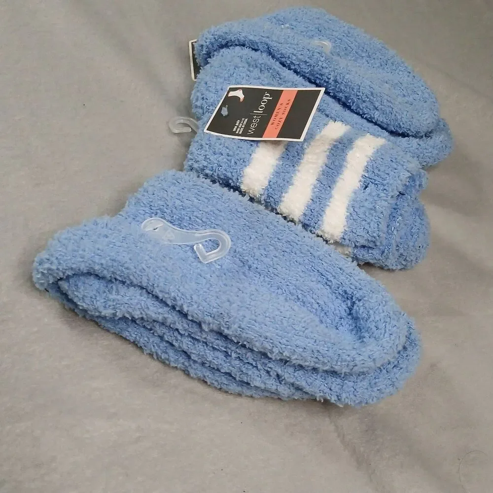 3 pair Westloop Fuzzy Crew Socks Blue White Warm Soft NWT Women's Size: 4-10